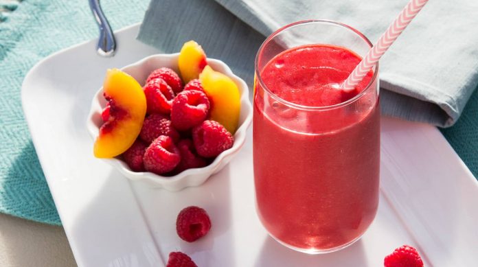 Sunset Raspberry Peach Smoothie Recipe with Turmeric Boost Uplift