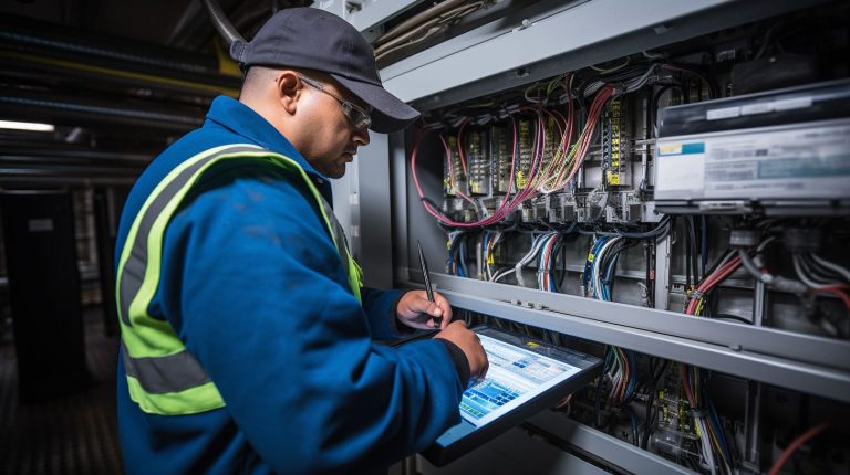 A technician inspecting and servicing a commercial kitchen refrigeration unit.