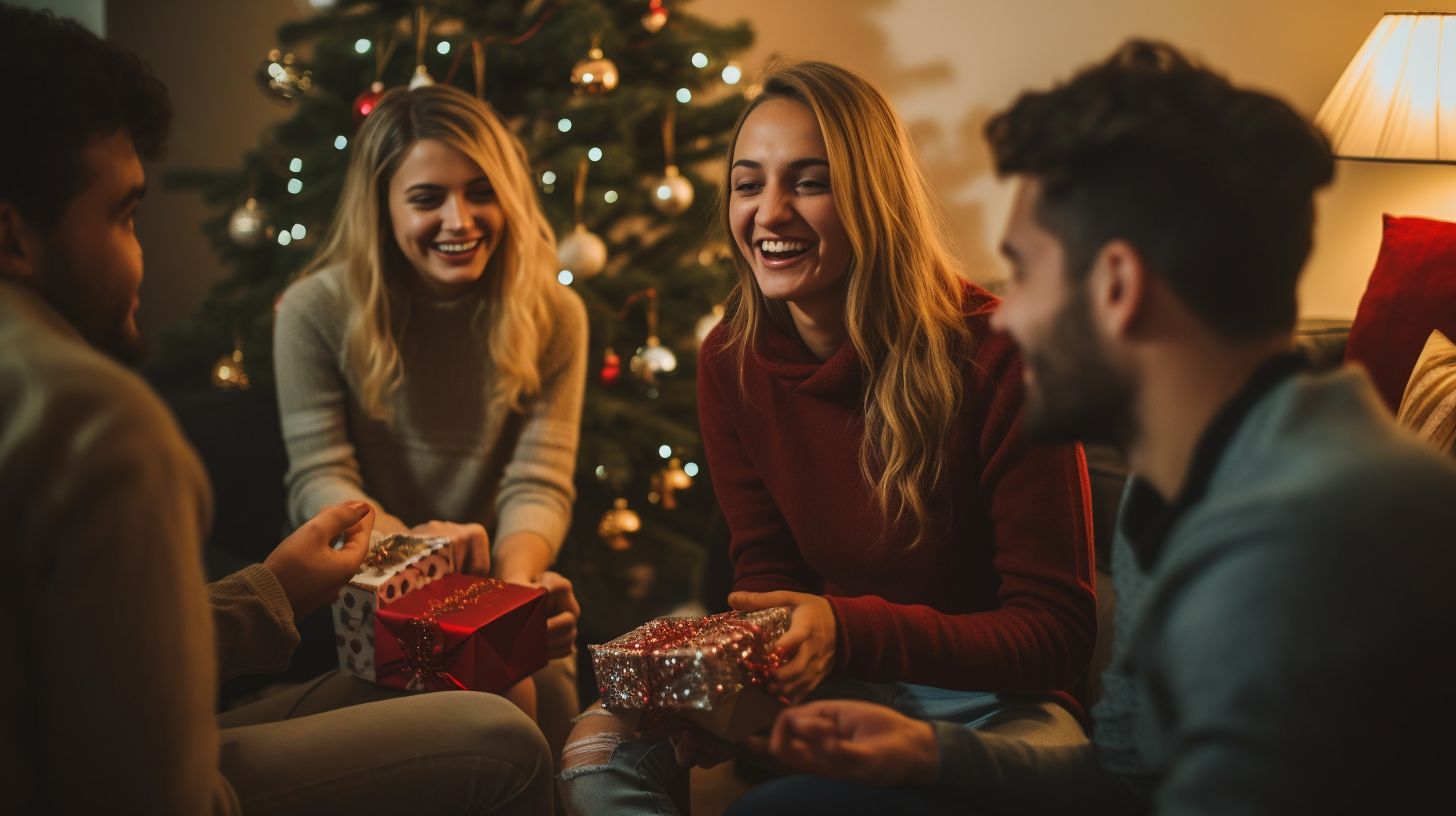 Friends sharing gifts around a Christmas tree in a joyful atmosphere.